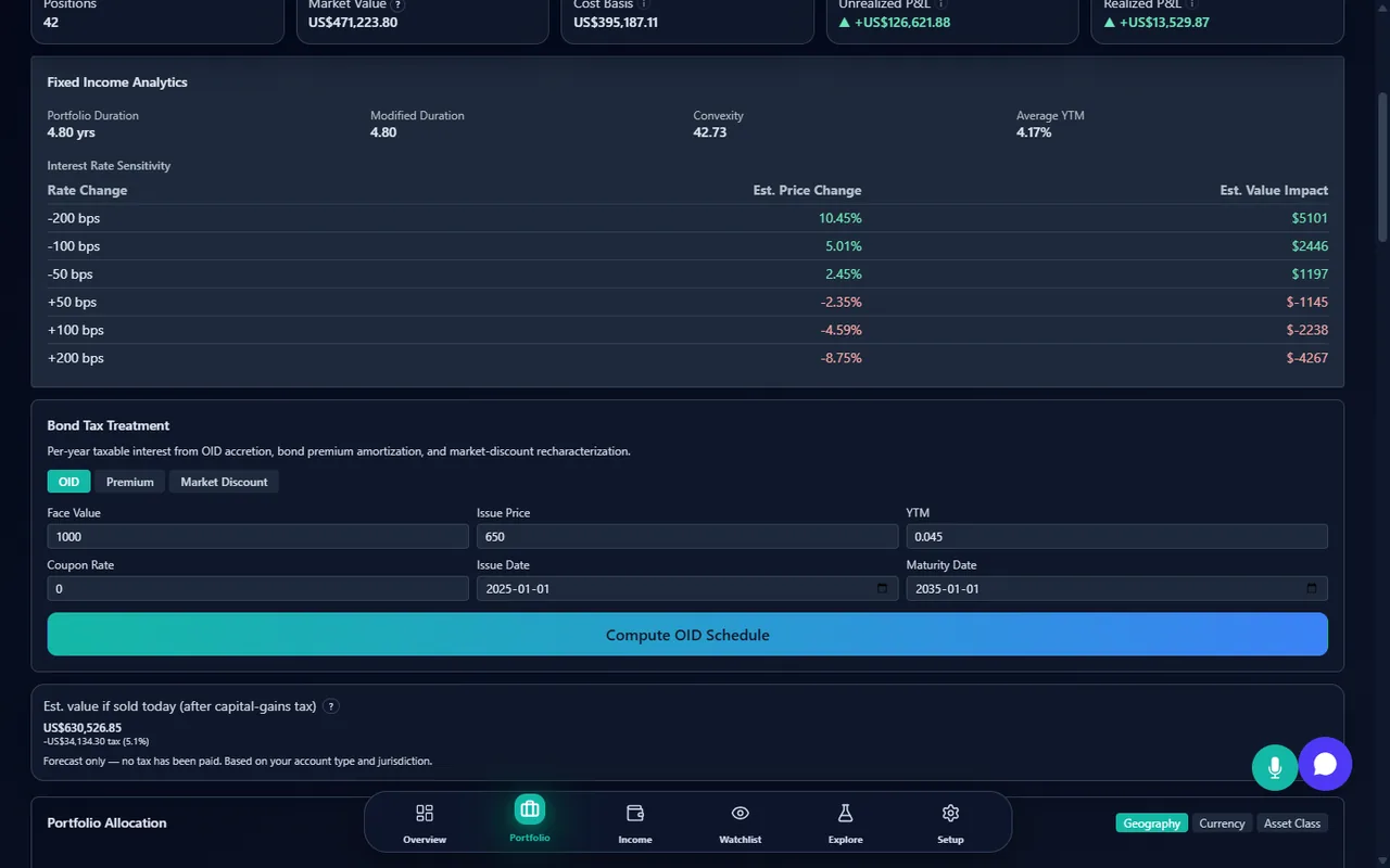 Bond analytics card showing accrued interest, yield to maturity, and duration for a fixed-income holding