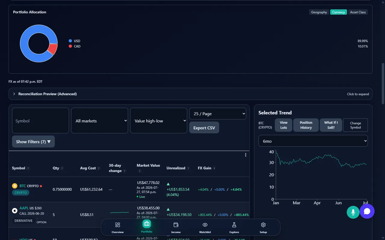 Portfolio summary showing holdings in several currencies converted into a single base currency alongside the exchange rate applied