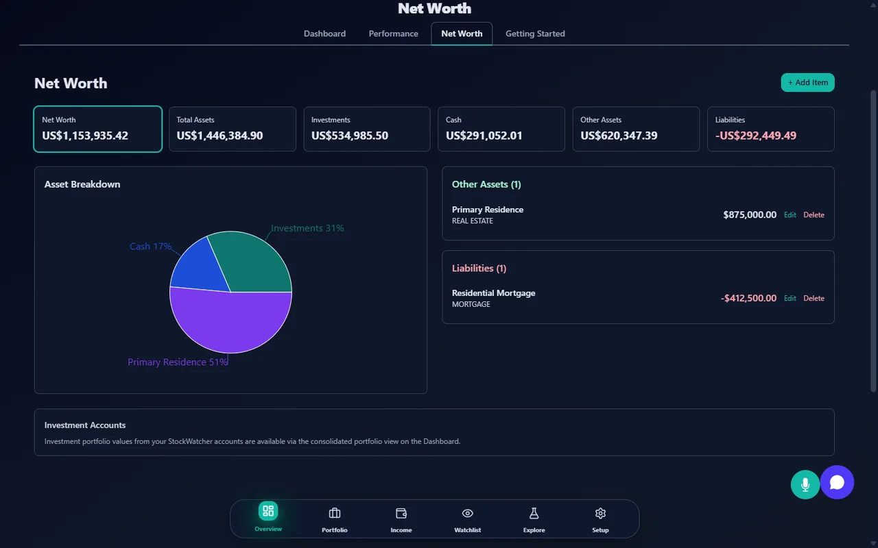 Net worth dashboard showing investment value, cash, property and liabilities rolled into a single total beside a trend chart