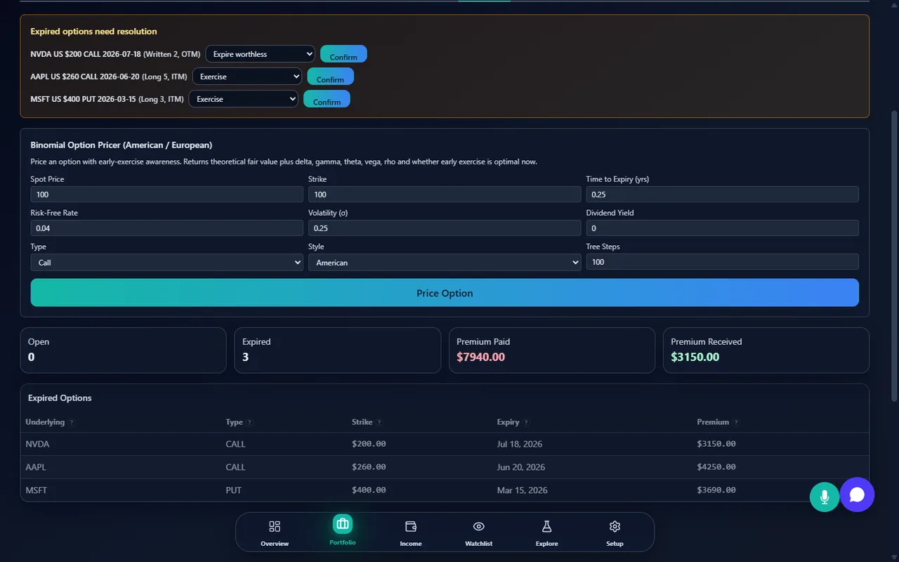 Options lifecycle panel showing a written call option resolved by assignment into the underlying stock position